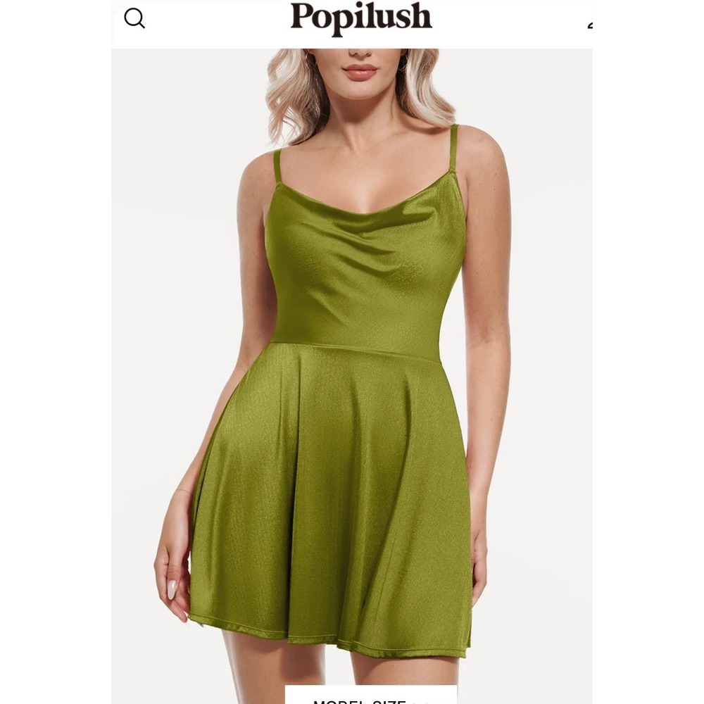 Popilush Built-In Shaper Dress Olive Green Satin Cowl Neck Mini Skater Dress NWT